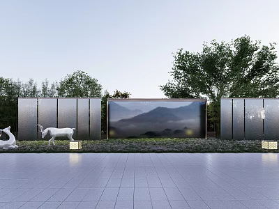 Modern Feature Wall Design With Mountain Landscape Art White Sculptures Greenery And Lighting 3d model