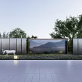 Modern Feature Wall Design With Mountain Landscape Art White Sculptures Greenery And Lighting