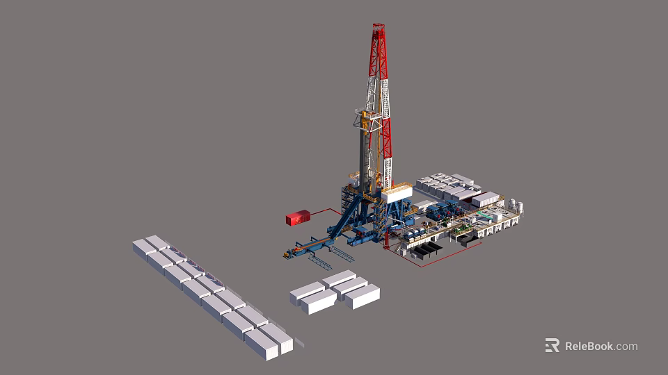Industrial Plant Design Featuring Large Drilling Rig Structure And Equipment Containers 3d model 