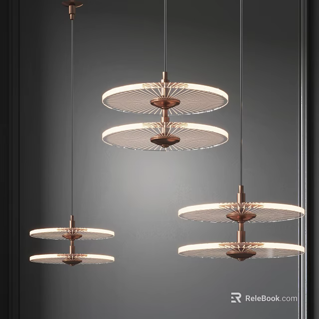 Three Modern Layered Circular Chandeliers With Glass Shades And Metal Frames 3d model 