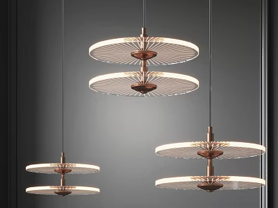 Three Modern Layered Circular Chandeliers With Glass Shades And Metal Frames 3d model