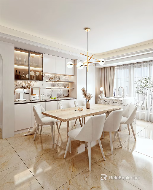 Bright Modern Restaurant Interior With Wooden Dining Table White Chairs Pendant Light And Decorative Plant 3d model 