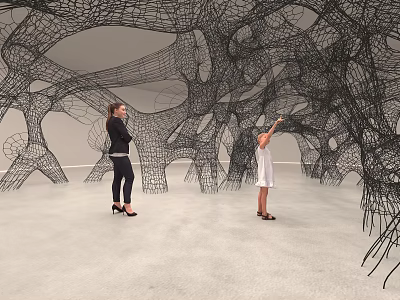 Intricate Wire Mesh Sculpture Installation In Art Exhibition Space With Adult And Child Observing 3d model