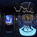 Modern Bar Interior With Red Black Shelves Neon Lights Bar Counter And Stools