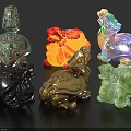 Colorful Traditional Mythical Creature Sculptures With Intricate Carvings And Detailed Designs