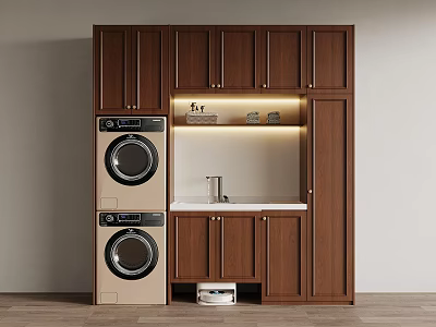 Brown Wooden Balcony Cabinet With Double Stacked Washing Machines And Countertop Storage 3d model
