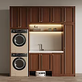Brown Wooden Balcony Cabinet With Double Stacked Washing Machines And Countertop Storage
