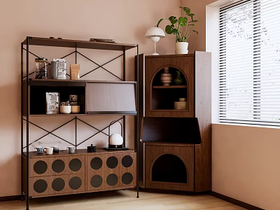 Decorative Cabinets With Metal Frame Multi Tiered Shelves Wooden Arched Door Circular Cutouts Cat Bed And Plant 3d model