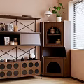 Decorative Cabinets With Metal Frame Multi Tiered Shelves Wooden Arched Door Circular Cutouts Cat Bed And Plant