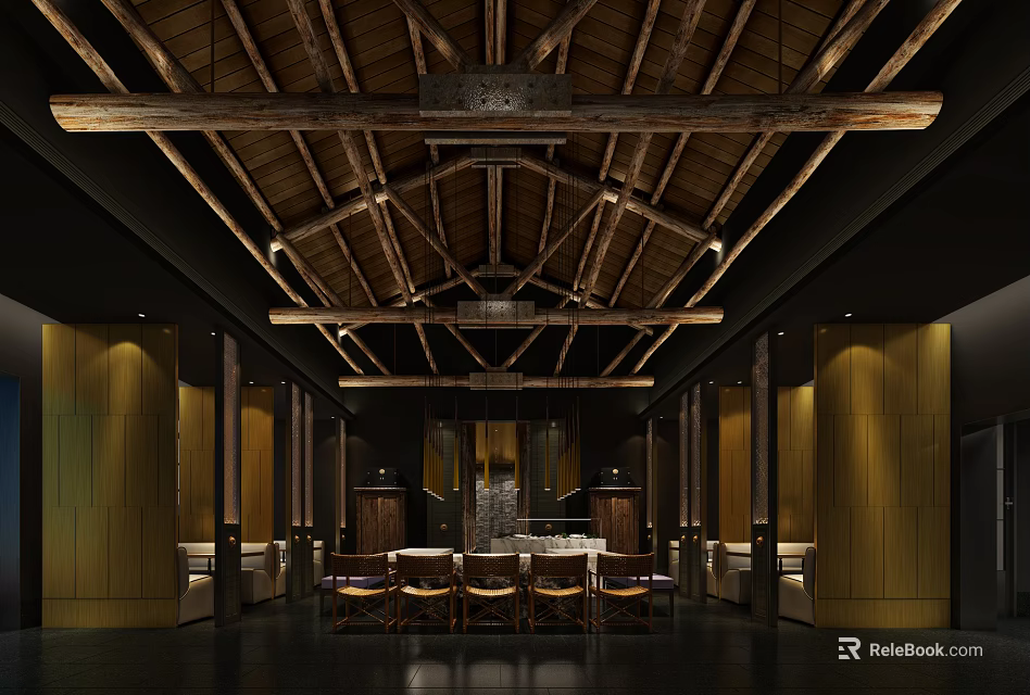 Traditional Hotpot Restaurant Interior With Wooden Beams Dining Tables And Warm Lighting 3d model 