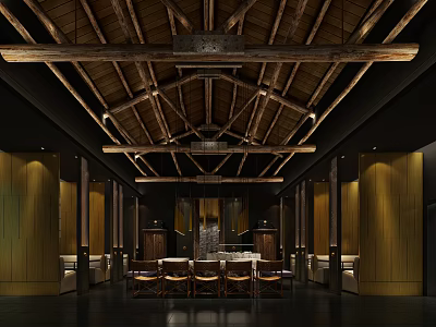 Traditional Hotpot Restaurant Interior With Wooden Beams Dining Tables And Warm Lighting 3d model