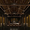 Traditional Hotpot Restaurant Interior With Wooden Beams Dining Tables And Warm Lighting
