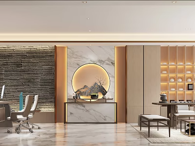 Modern Office Interior Design With Marble Wall Circular Decor Wooden Bookshelves And Office Chairs 3d model
