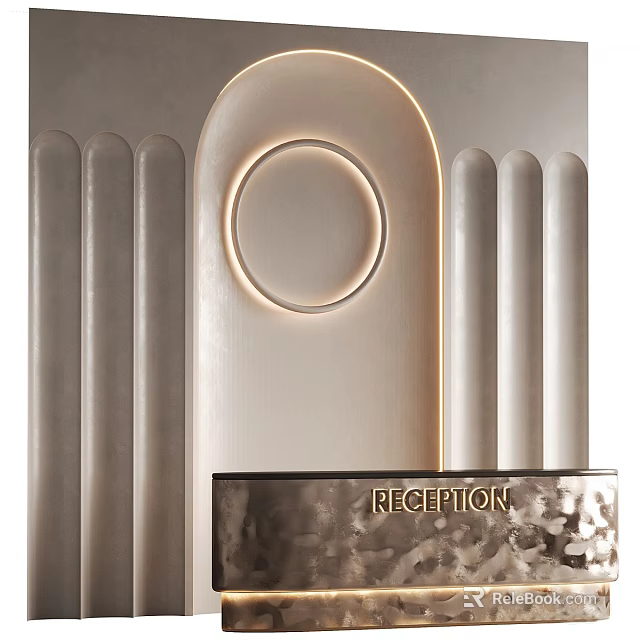 Elegant Contemporary Reception Area With Curved Wall Illuminated Design And Metallic Countertop 3d model 
