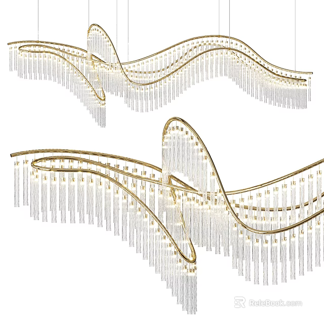 Modern Elegant Curved Chandelier With Golden Metal Frame And Crystal Tassels 3d model 