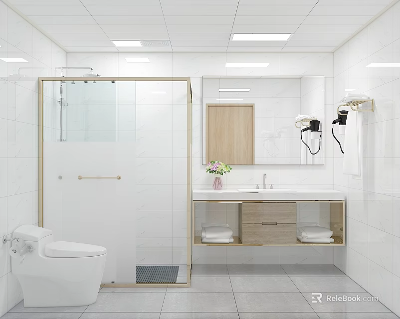 Modern Bathroom Interior With White Tiles Shower Enclosure Toilet Vanity Mirror And Wooden Cabinets 3d model 
