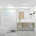 Modern Bathroom Interior With White Tiles Shower Enclosure Toilet Vanity Mirror And Wooden Cabinets