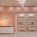 Elegant Modern Shop Front Desk Interior With Pink Walls And Wooden Display Cabinets