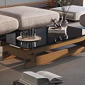 Marble and Black Glass Coffee Table with Wooden Frame and Books Glasses in Living Room
