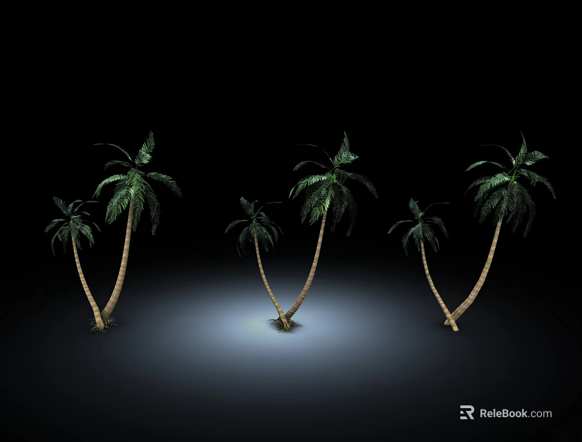 Six Coconut Trees With Curved Trunks And Green Leaves On Black Background With Bottom Lighting 3d model 