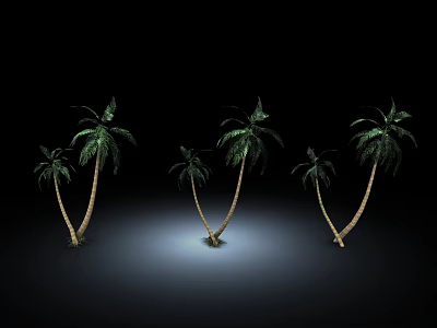 Six Coconut Trees With Curved Trunks And Green Leaves On Black Background With Bottom Lighting 3d model