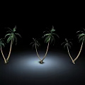 Six Coconut Trees With Curved Trunks And Green Leaves On Black Background With Bottom Lighting