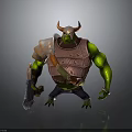Detailed Green Skinned Horned Armored Fantasy Character Holding Battle Axe