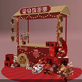 Chinese New Year Festive Stall With Red Decorations Lanterns Fortune Characters And Lion Dance Ornaments