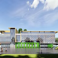 Modern Kindergarten Building Featuring Glass Windows Green Entrance Front Sign And Trees Around