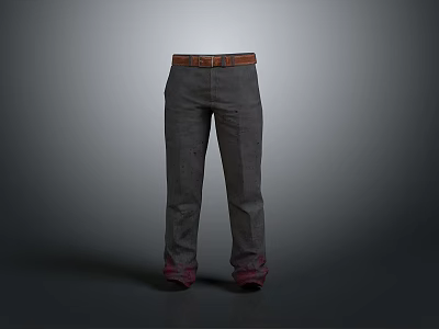 Gray Straight Leg Pants With Brown Leather Belt And Red Ankle Details For Men 3d model