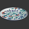 Decorative White Plate With Green Red Blue Floral Patterns And Reflection On Black Background