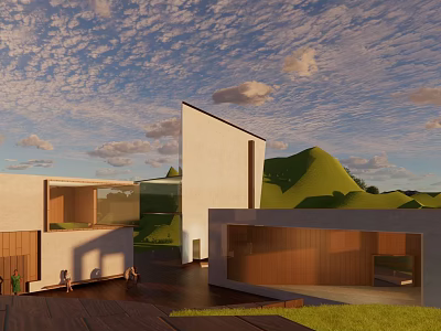 Modern Architectural Exterior Featuring White Facade Wooden Elements And Green Hills 3d model