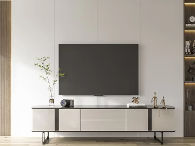 Modern TV Wall Design Featuring White Panel Wall Black TV Wooden Shelves And Decor 3d model