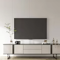 Modern TV Wall Design Featuring White Panel Wall Black TV Wooden Shelves And Decor