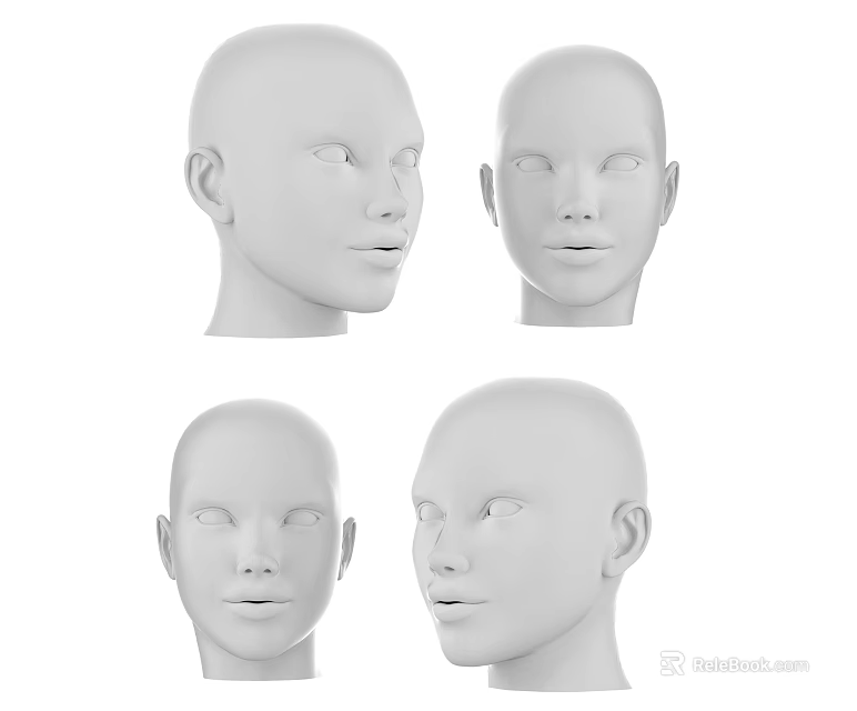 White Human Head Sculpture Carving With Different Angles And Detailed Features 3d model