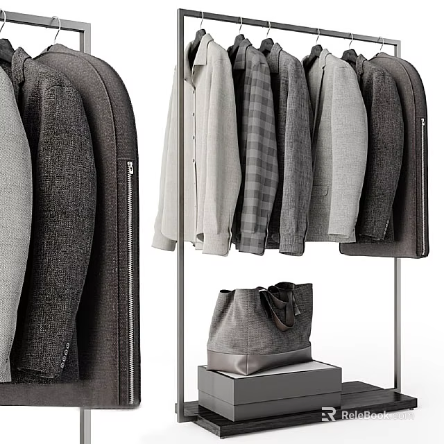 Standing Clothes Rack with Hanging Sweaters Shirts Coats and Leather Bag in Modern Style 3d model 