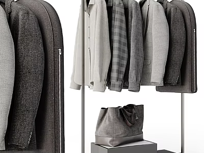 Standing Clothes Rack with Hanging Sweaters Shirts Coats and Leather Bag in Modern Style 3d model