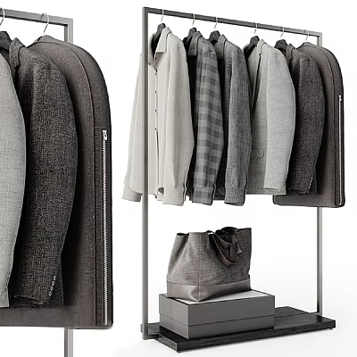 Standing Clothes Rack with Hanging Sweaters Shirts Coats and Leather Bag in Modern Style 3d model
