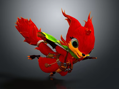 Cute Red Feathered Game Movie Character With Green Wings Big Eyes And Gear 3d model