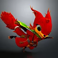 Cute Red Feathered Game Movie Character With Green Wings Big Eyes And Gear