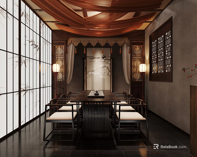 Chinese Style Dining Room Interior With Traditional Decor Screens And Lanterns 3d model 