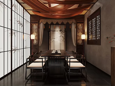 Chinese Style Dining Room Interior With Traditional Decor Screens And Lanterns 3d model
