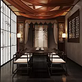 Chinese Style Dining Room Interior With Traditional Decor Screens And Lanterns