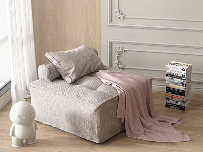 Beige Textured Single Sofa with Pink Blanket Pillow and Stack of Books by Window Curtain 3d model