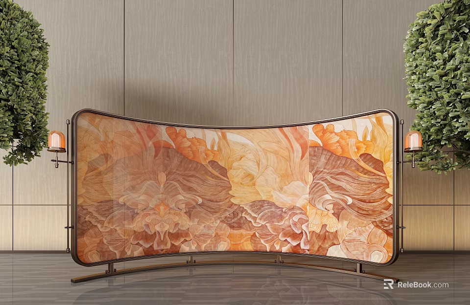 Curved Decorative Screen With Landscape Texture Metal Frame Green Plants Wooden Background Interior Design 3d model 