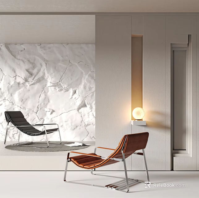Black And Brown Leather Lounge Chairs With Metal Frame In Modern Interior With Marble Wall 3d model 