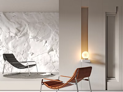 Black And Brown Leather Lounge Chairs With Metal Frame In Modern Interior With Marble Wall 3d model