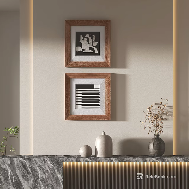 Abstract Paintings in Wooden Frames Hanging on Wall with Decorative Vases and Ornaments 3d model 