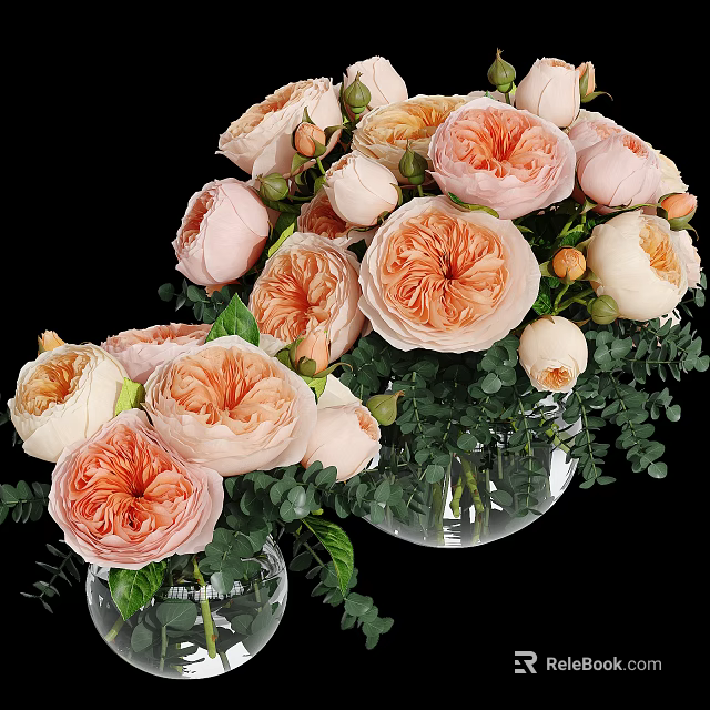 Pink And Peach Roses In Glass Vase With Green Leaves And Foliage 3d model 