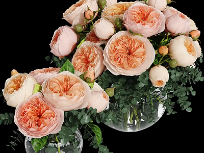 Pink And Peach Roses In Glass Vase With Green Leaves And Foliage 3d model